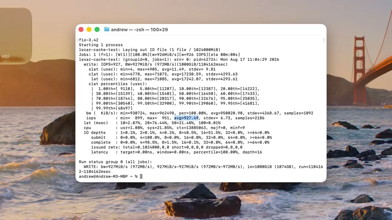 MacOS terminal window running debug or log output, centered over a coastal sunset wallpaper with rocky shoreline in foreground and Golden Gate Bridge partially visible on the right