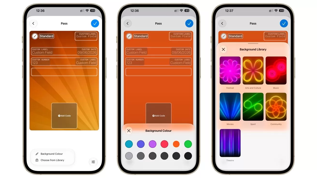 Three smartphone screens showing an app for customizing digital passes, with orange backgrounds, color options, and a gallery of vibrant abstract patterns like flowers and glowing lines for background selection