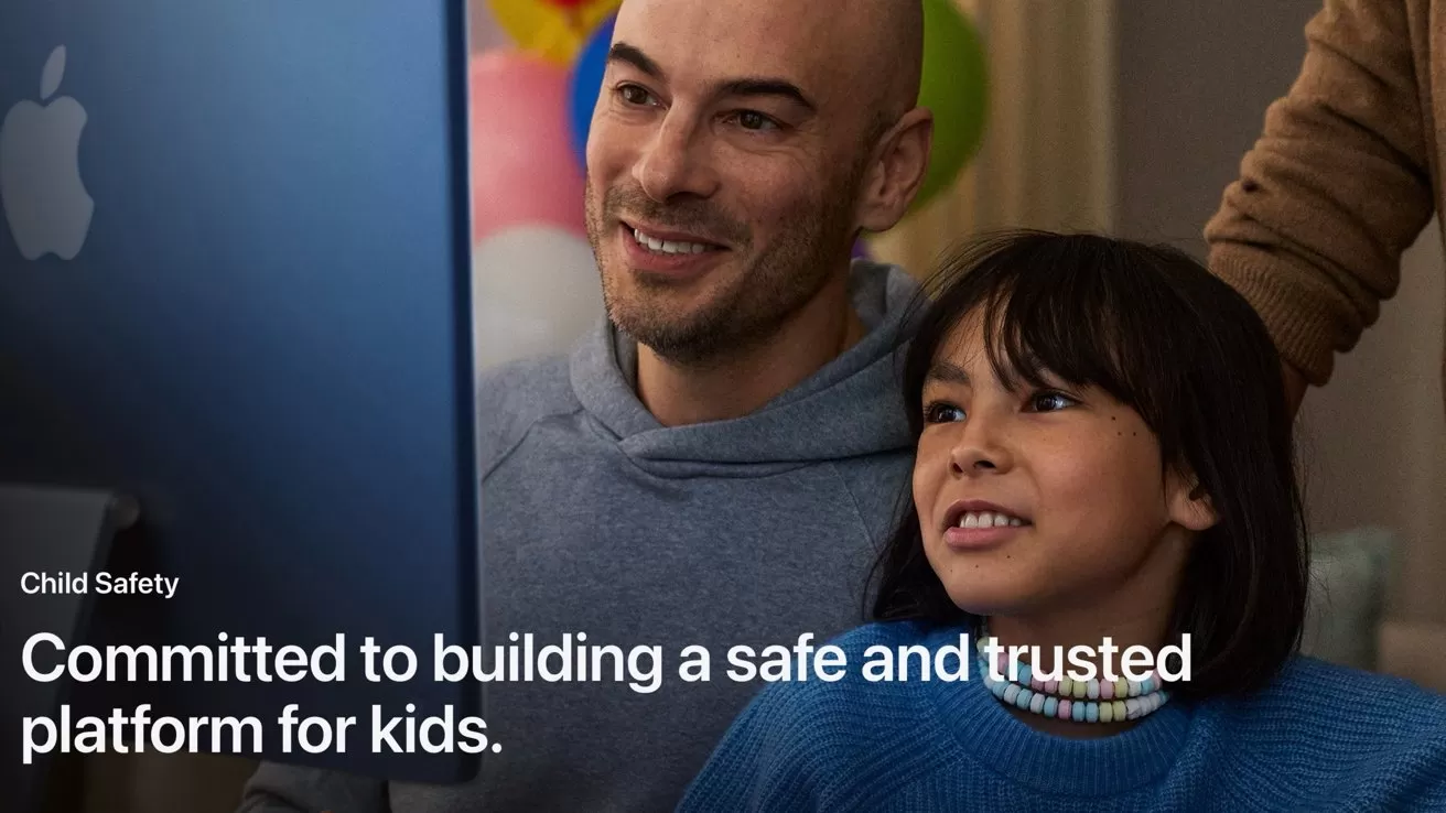 Smiling adult and child sit closely together looking at an Apple computer screen, conveying warmth and safety, with text about commitment to building a safe and trusted platform for kids