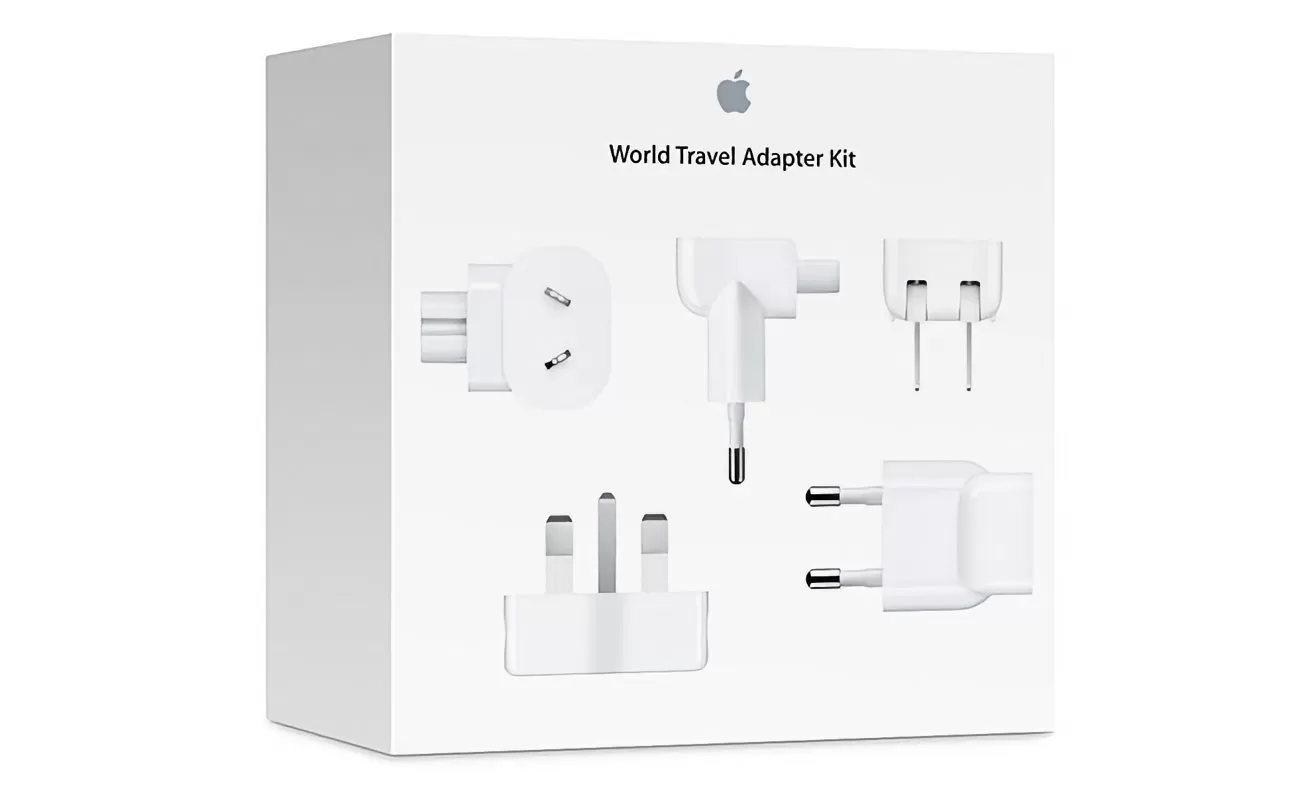 Apple World Travel Adapter Kit box showing several white international plug adapters for different countries arranged on a plain white background