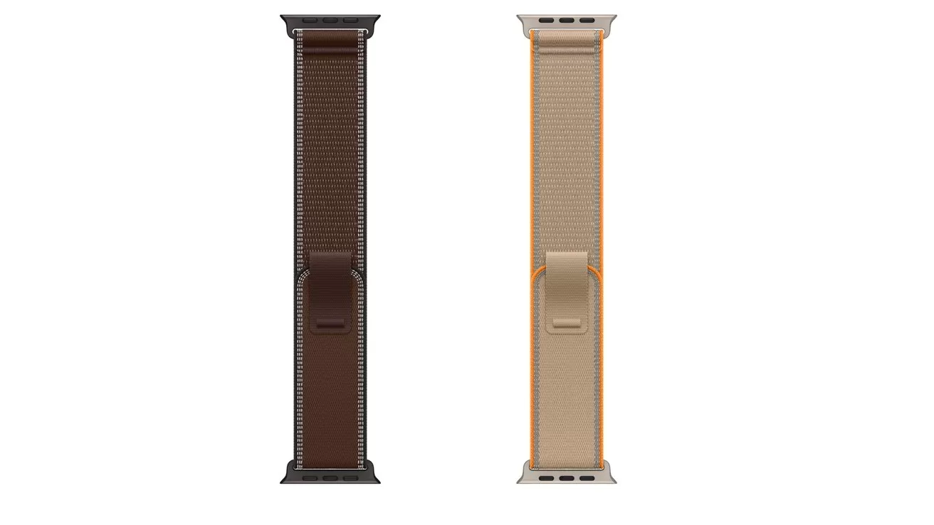 Two vertically aligned Apple Watch bands: one dark brown leather with ribbed texture, one light tan leather with similar ribbing, both shown flat with metal connectors at top and bottom