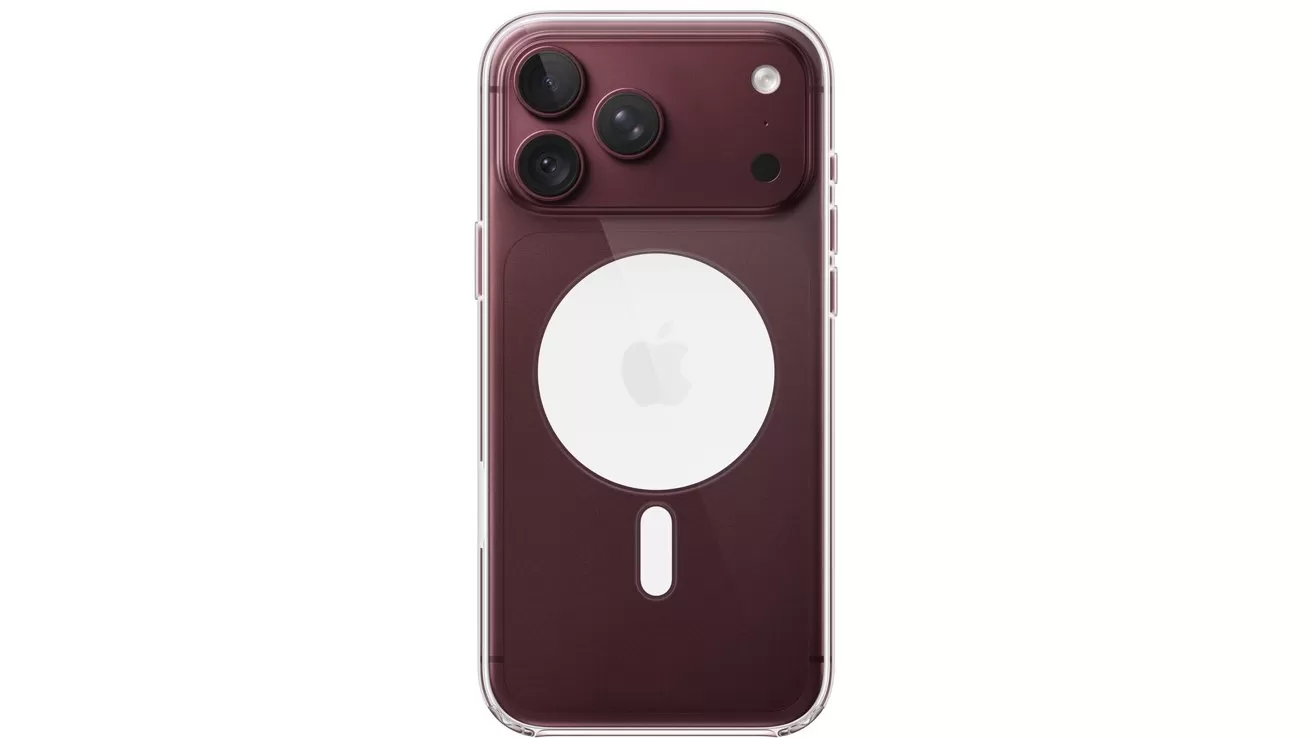 Burgundy iPhone with clear case, showing three rear cameras and a large white MagSafe circle with Apple logo and small vertical pill shape near the bottom