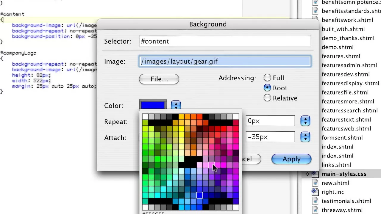 Web design software window showing a Background settings dialog with selector, file path, color picker grid, and positioning options, overlaid on HTML/CSS code and a list of webpage files