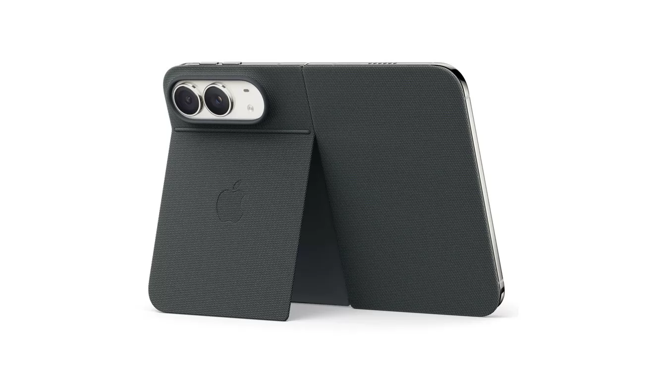 Dark-colored iPhone in a slim case with built-in folding stand, positioned horizontally to display the dual rear cameras and Apple logo on a plain white background