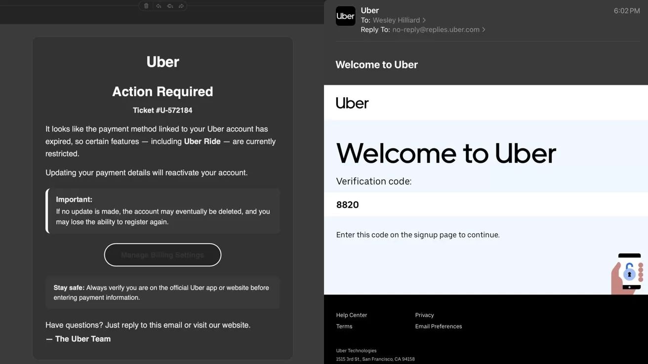 Sidebyside Uber emails: left shows 