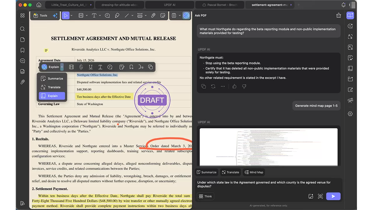 UPDF PDF editor window showing a grid of thumbnail document pages, with one page selected and a context menu open offering options like page order, rotate, extract, and delete