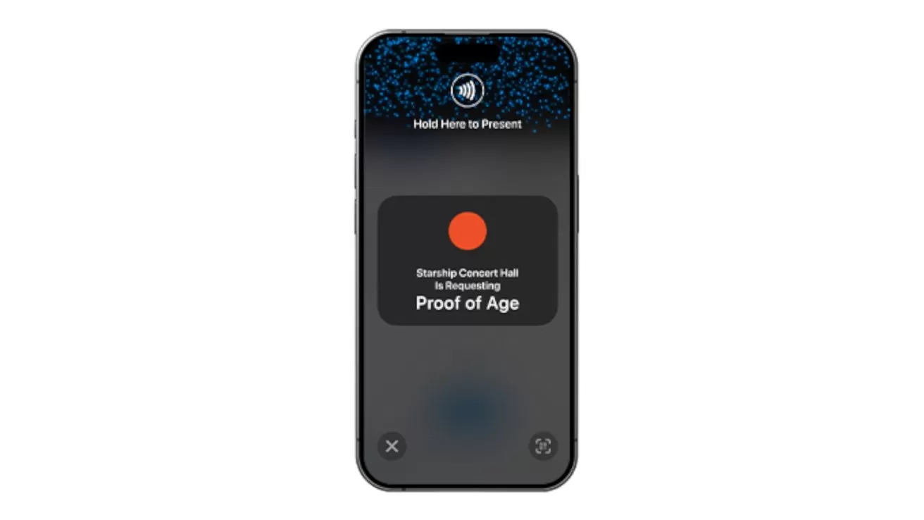 Smartphone screen with a notification from Starship Concert Hall requesting proof of age, featuring a red dot and tap-to-present instructions at the top.