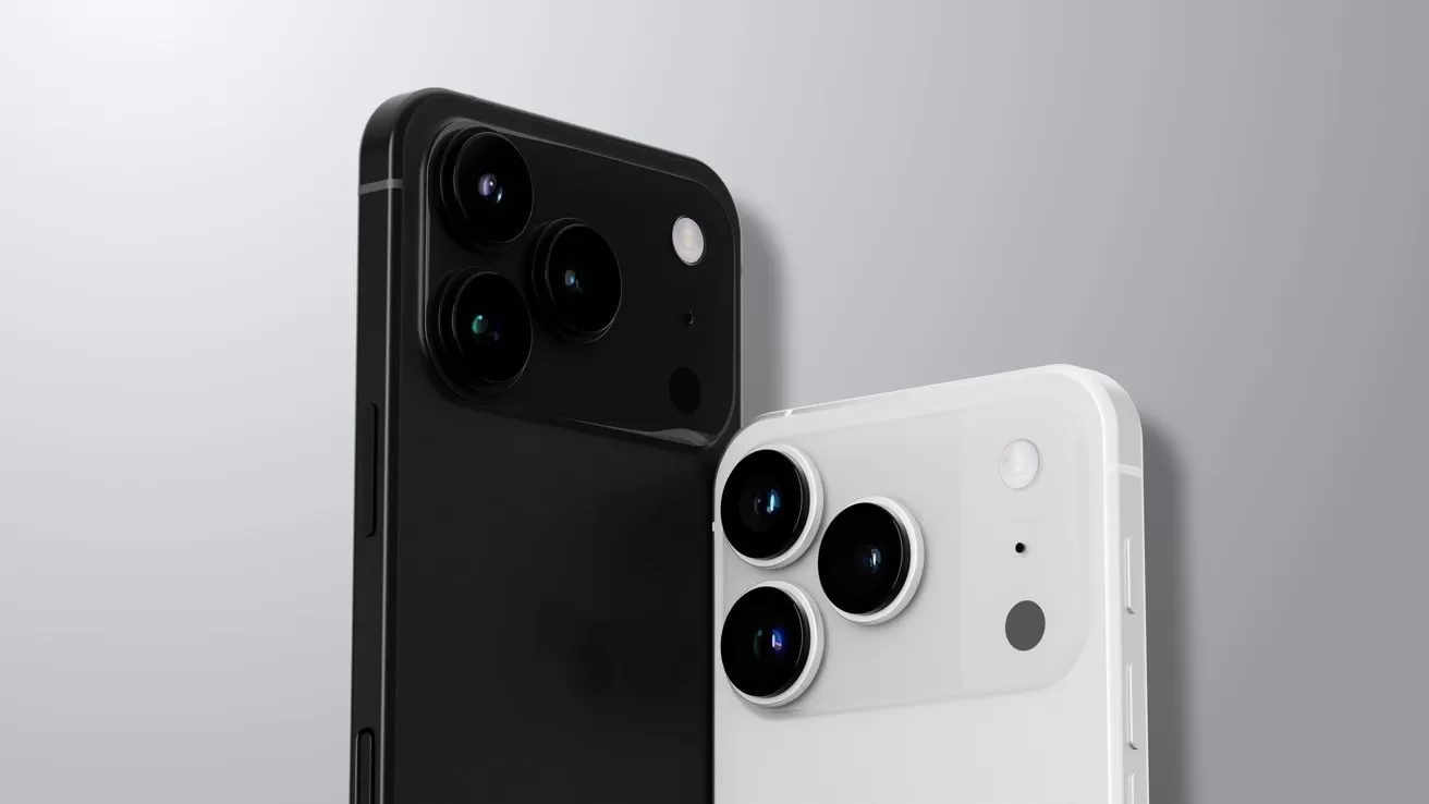 Two modern smartphones, one black and one white, shown from the back, each featuring three large rear cameras with metallic rings on a clean, light gray background