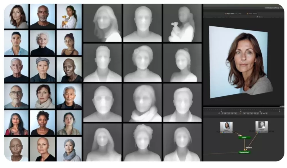 Grid of diverse portrait photos beside blurred grayscale face silhouettes, with a larger color headshot of a woman on the right inside a digital photo editing software interface