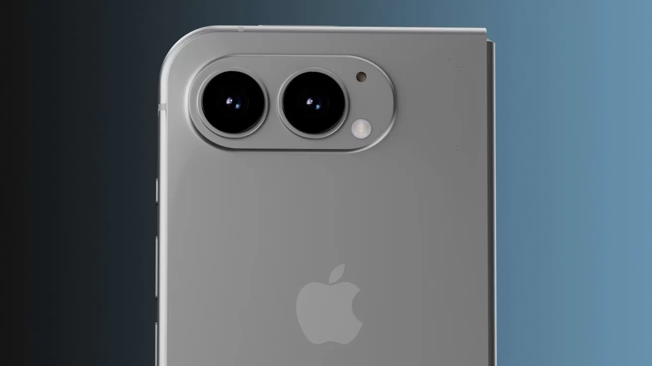 Close-up of a gray iPhone back showing two large camera lenses, a small flash, and the Apple logo, against a dark-to-light gradient background.