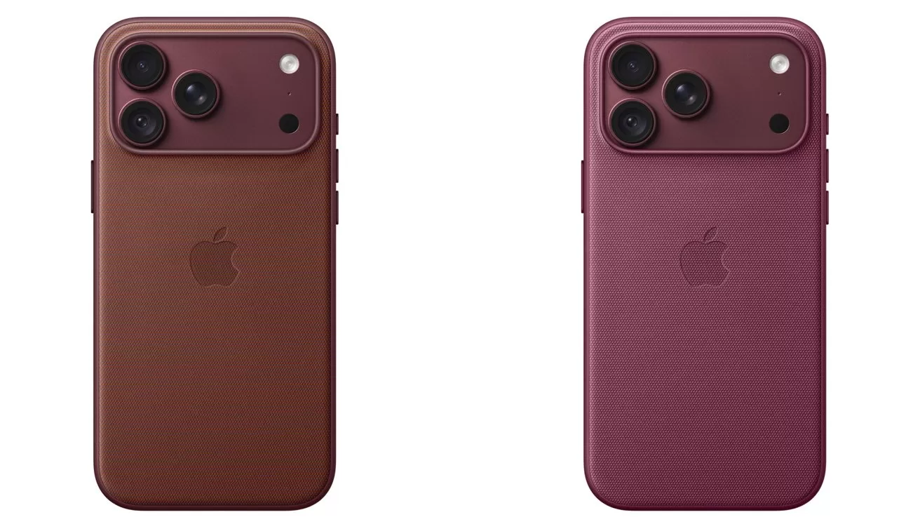 Two Apple iPhones shown from the back in brown and dark pink cases, each with triple rear cameras and the Apple logo centered on the smooth case surface