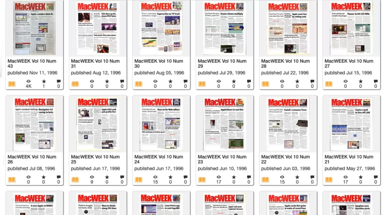 Grid of MacWEEK magazine covers displayed as small thumbnails on a website, each showing headlines, dates, and preview text for different issues from the 1990s.
