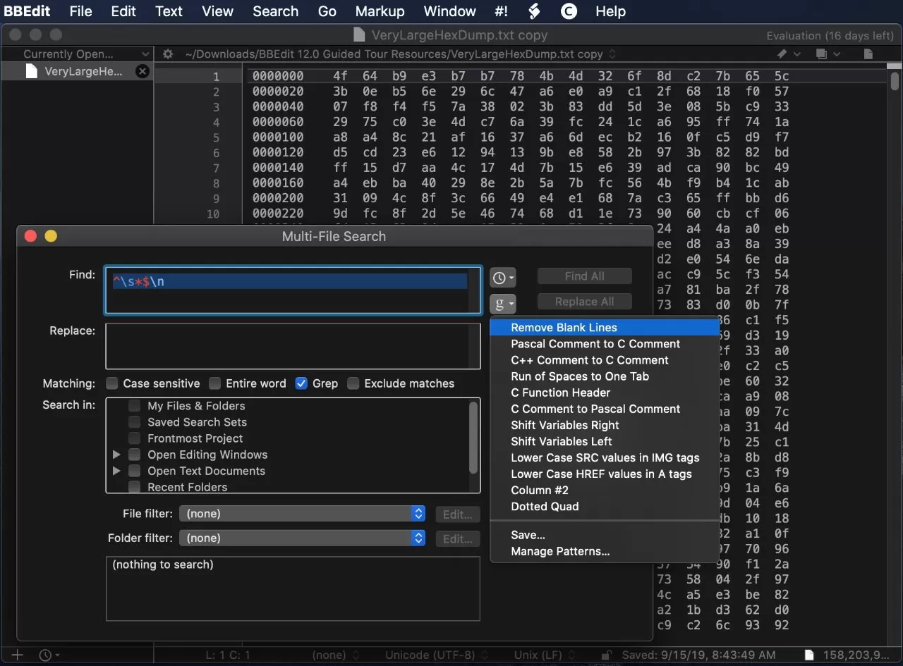 Text editor on macOS showing a hex data view, with a Multi-File Search dialog open in front and a menu of text processing options such as Remove Blank Lines expanded