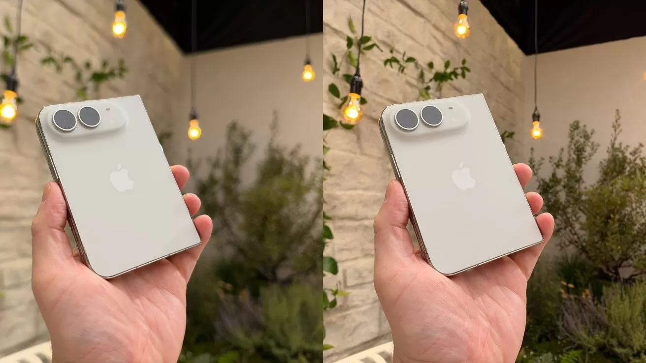 Hand holding a white iPhone with dual rear cameras, shown in two nearly identical outdoor shots against a stone wall, hanging light bulbs, and green plants in the background