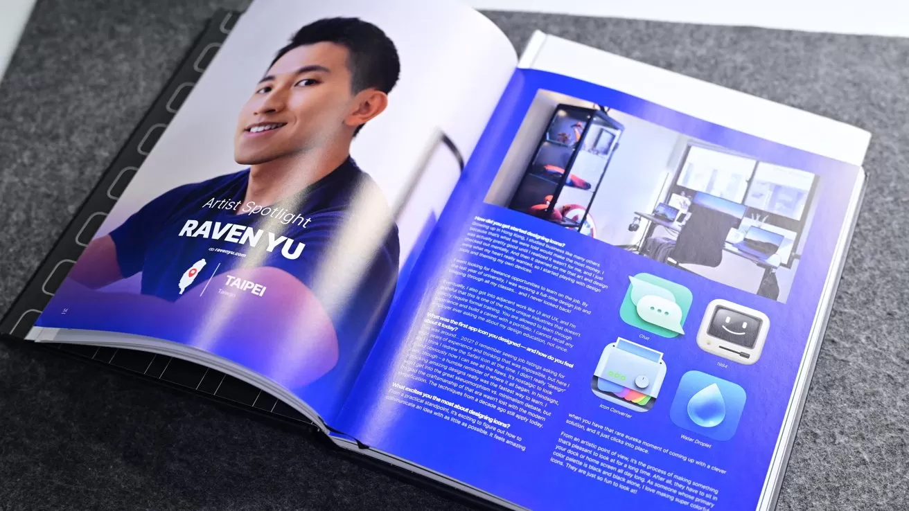 Open magazine on a table showing a profile of a smiling man named Raven Yu on the left page and colorful technology-related graphics with text and icons on the right page