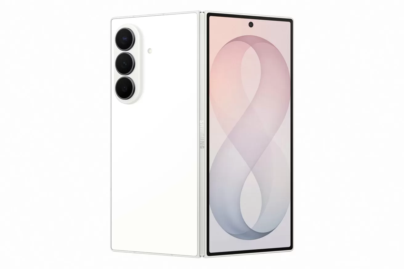 Foldable white smartphone partially open, showing front display with pastel number 8 wallpaper and centered selfie camera, and back with three vertically aligned rear cameras in black circles