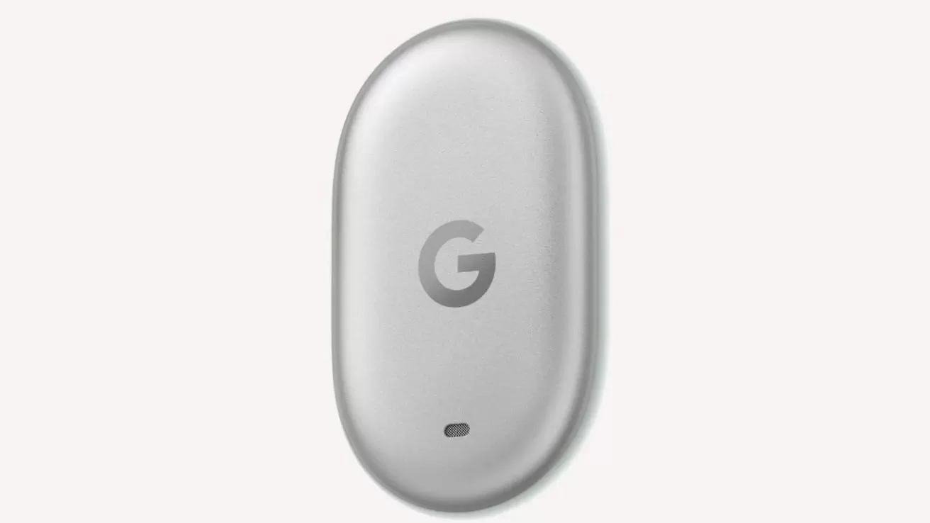 Small, oval, light gray Google device with a subtle G logo centered on the front and a tiny indicator light near the bottom, shown against a plain white background