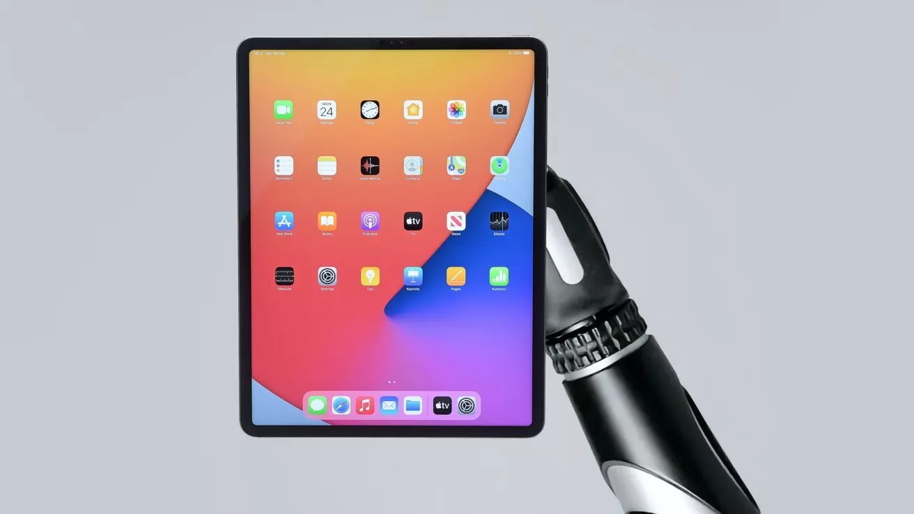 Robotic hand holding a tablet with colorful home screen icons on a gradient orange and purple background, centered against a plain light gray backdrop