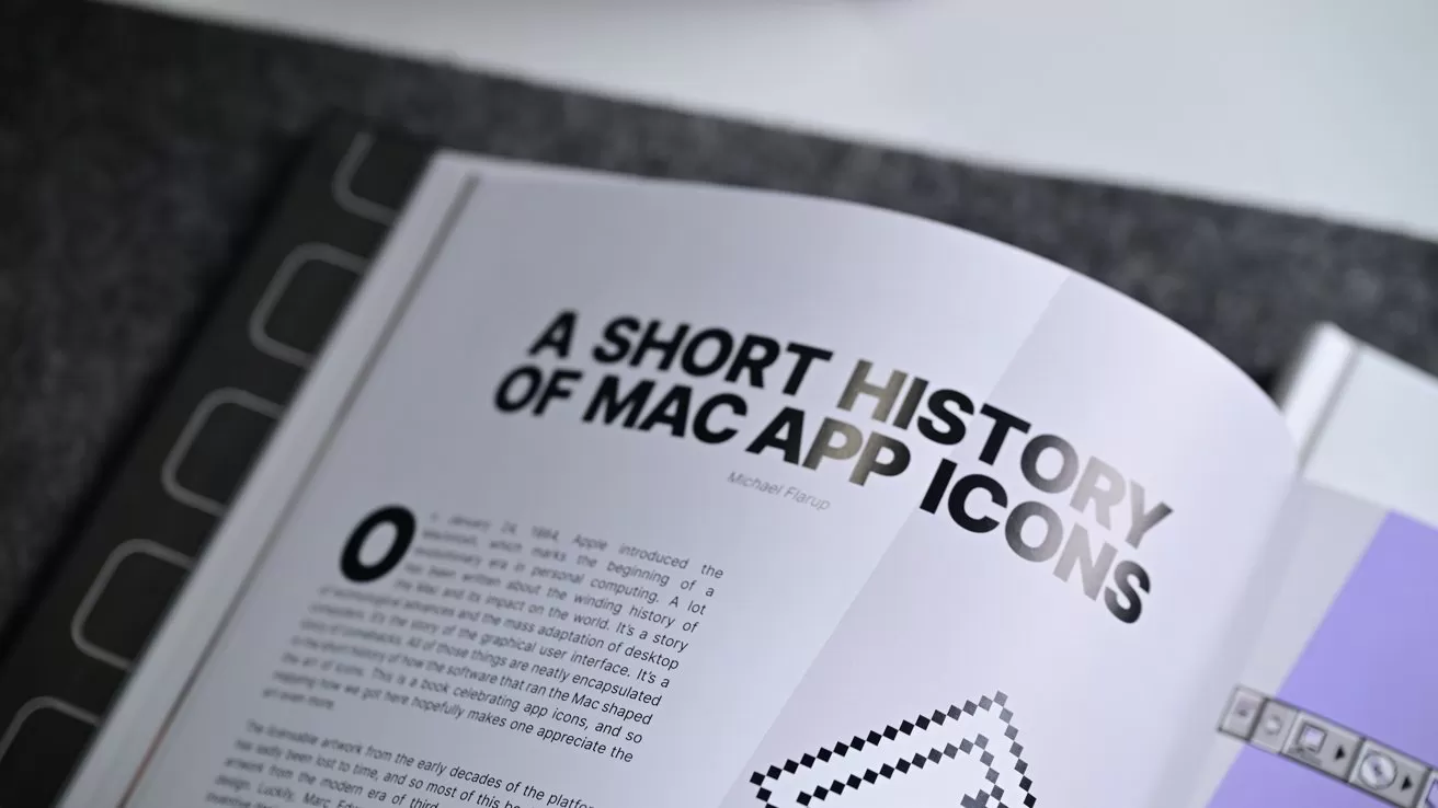 Open book spread featuring an article titled A Short History of Mac App Icons, with bold black text, body paragraphs, and simple graphic elements on clean white and light purple pages