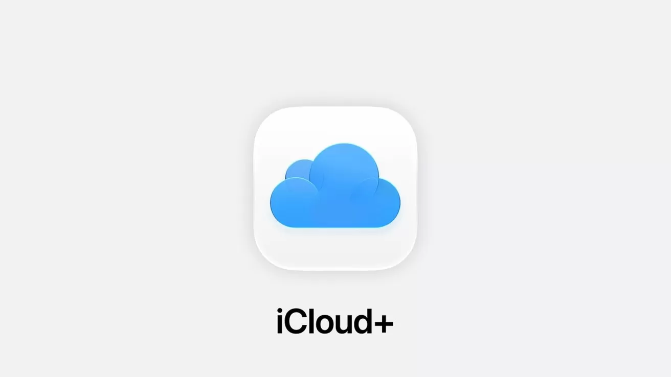 Blue cloud icon on a rounded white square with soft shadow, centered above the text iCloud+ on a light gray background