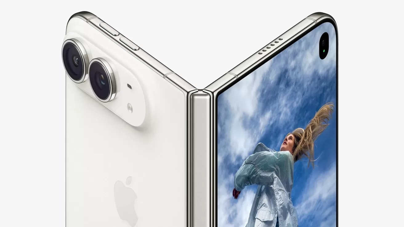 Foldable silver smartphone partially open, showing dual rear cameras and a large inner display with a woman in a silver outfit against a bright blue sky with clouds