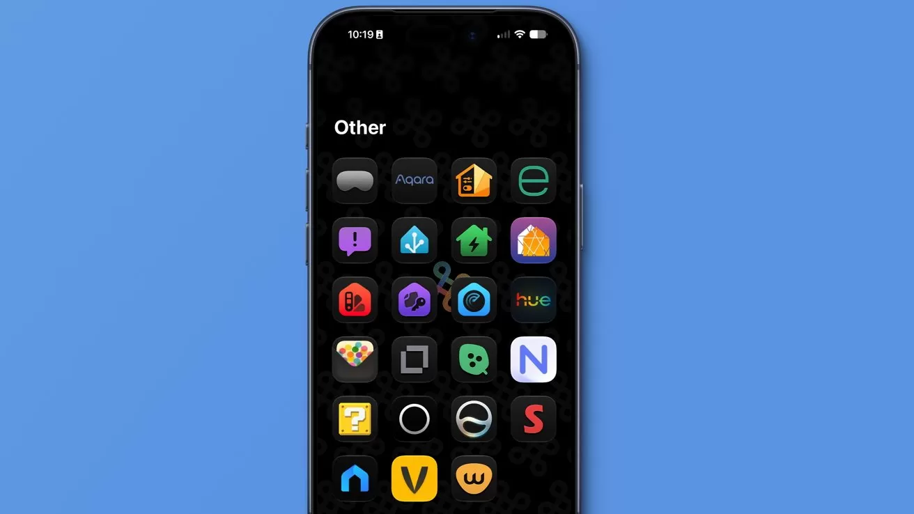 Smartphone on blue background showing a folder named Other with several colorful app icons arranged in a dark grid on the screen