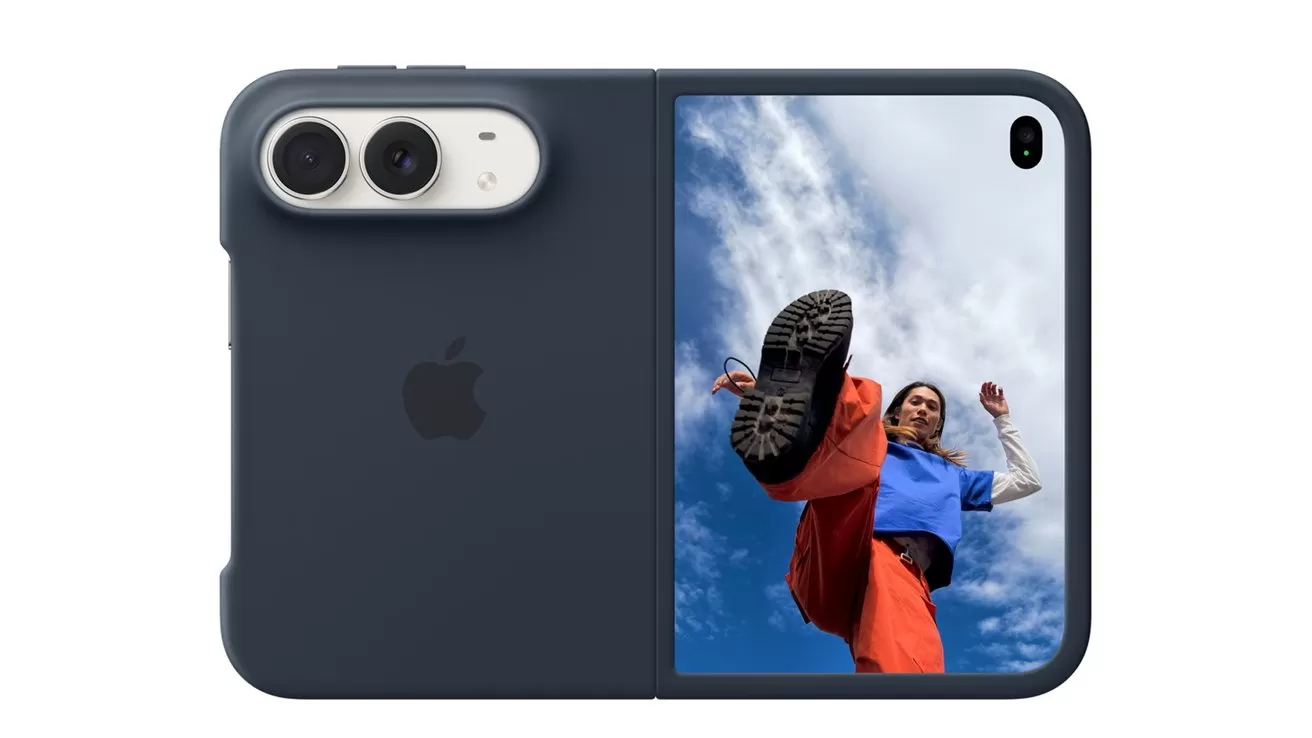 Dark blue Apple smartphone case with dual rear cameras and a large front screen showing a low-angle photo of a person kicking upward against a bright blue sky with clouds
