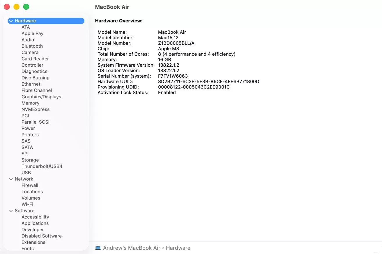 Computer hardware specifications: MacBook Air with Apple M3 chip, 8 cores, 16 GB memory. Various hardware and software options listed on the left panel. Activation lock enabled.