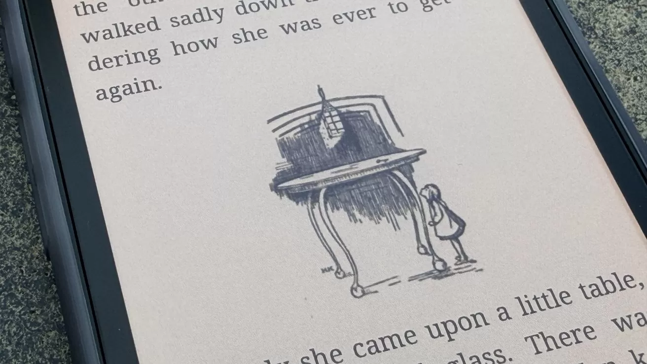 E-reader displaying text and a sketch of a girl looking at a tall table with a bottle on it.