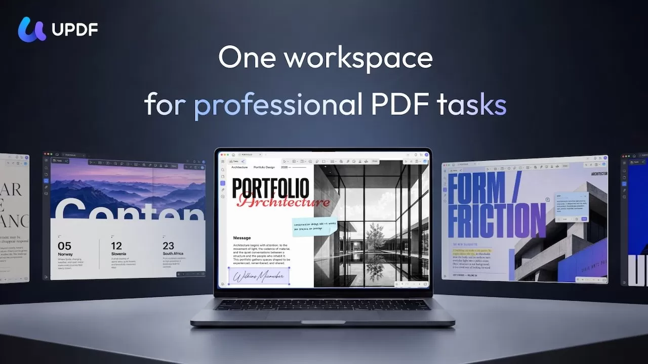 Laptop displaying PDF editor surrounded by four PDF document previews, with headline text reading One workspace for professional PDF tasks and UPDF logo in the top left corner