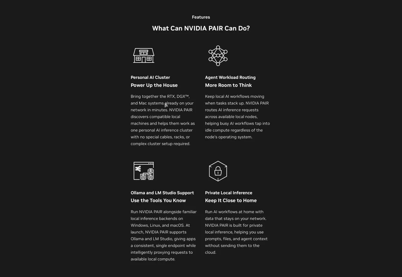 Dark webpage section titled What Can NVIDIA PAIR Can Do, featuring four white icons with short descriptions about powering AI clusters, moving workloads, using familiar tools, and keeping local inference close