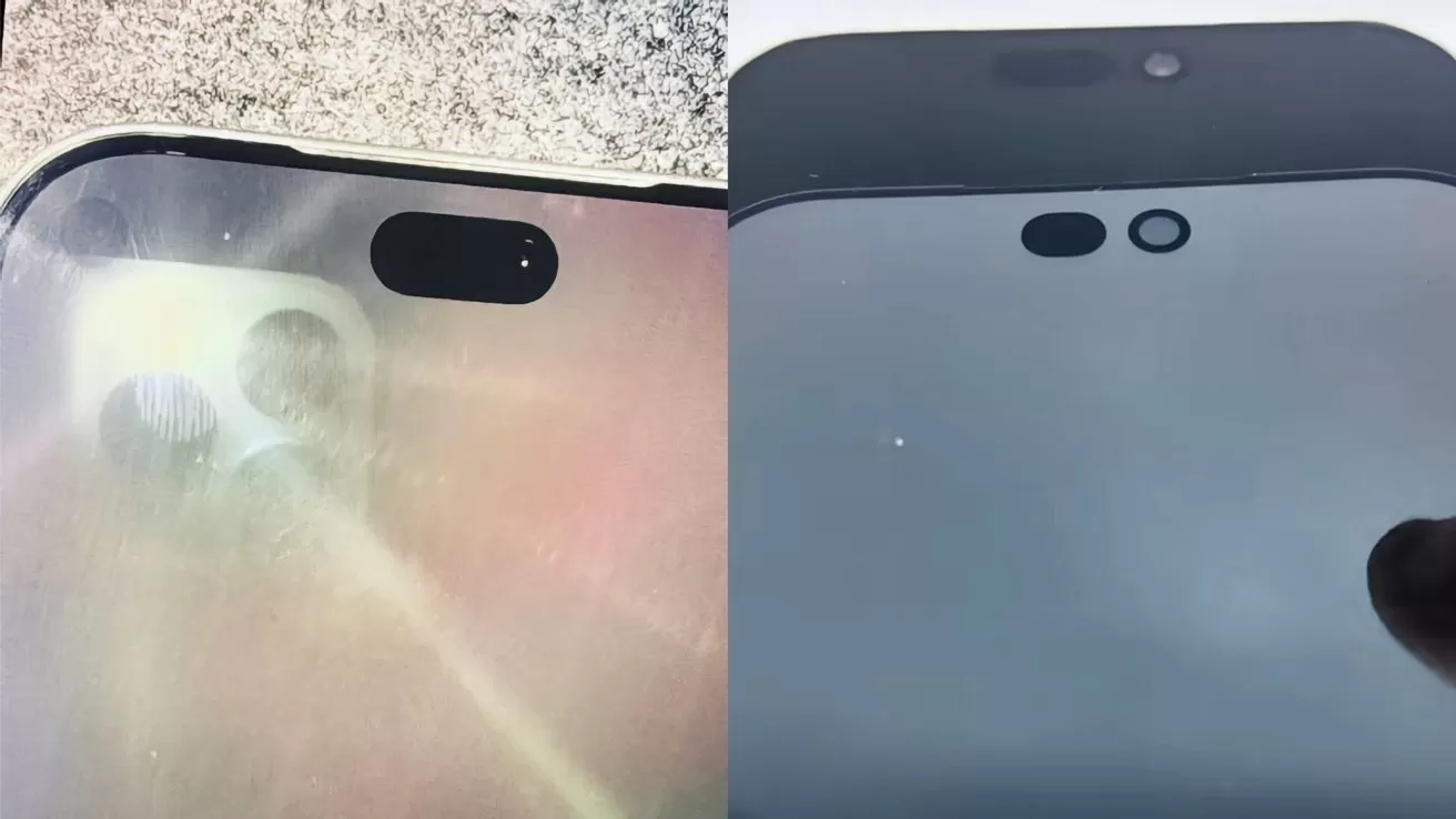 Sidebyside closeups of smartphone front panels showing pillshaped and circular cutouts for cameras and sensors on glossy screens, with reflections and a fingertip visible on the right.