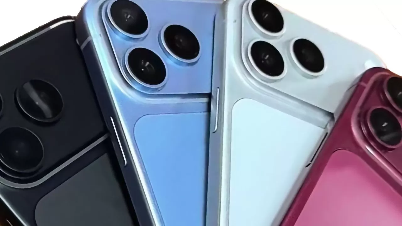 Four modern smartphones fanned out, showing rear triple camera lenses and glossy backs in black, light blue, sky blue, and pink against a white background