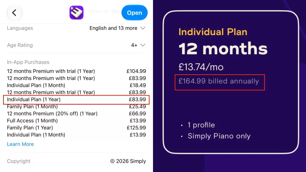 Sidebyside screenshots showing a Simply Piano subscription: App Store list highlighting Individual Plan 1 Year at ?83.99, and a marketing screen advertising Individual Plan 12 months at ?164.99 billed annually