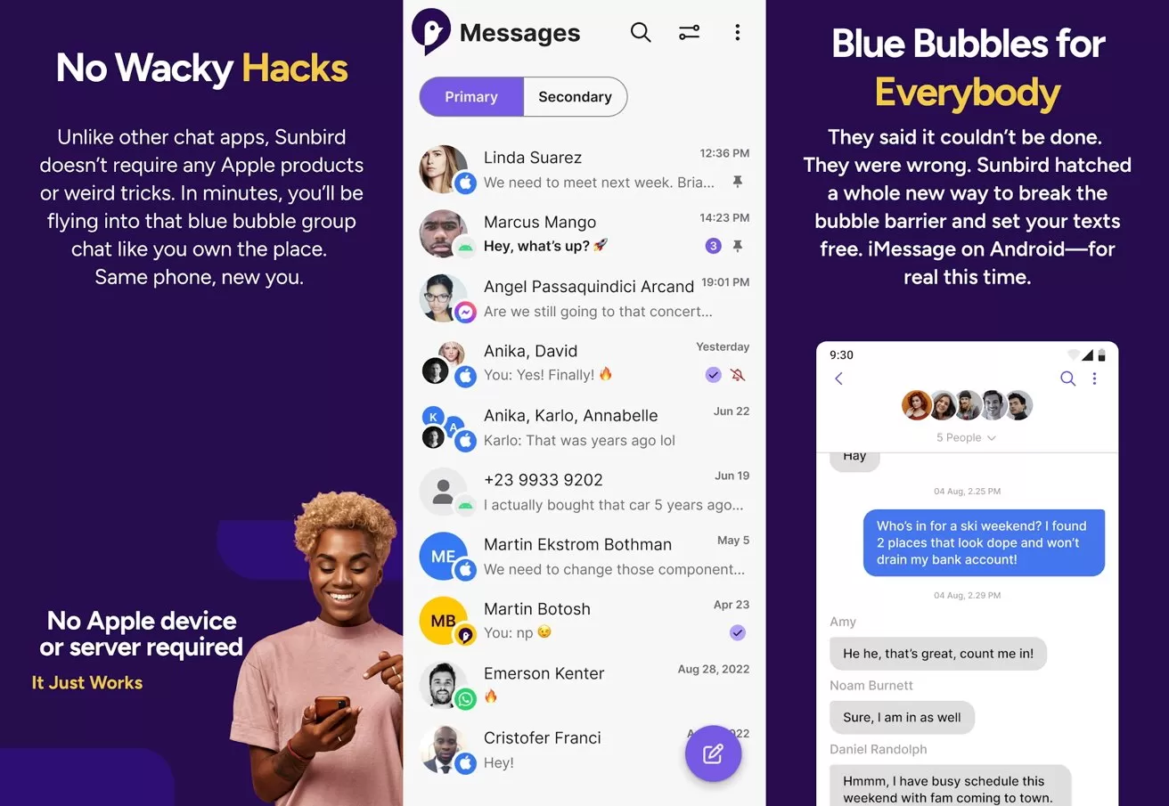 Promotional graphic for a messaging app showing blue iMessage-style chat bubbles on Android, contact list screen, bold headings about no hacks required, and a smiling person holding a phone