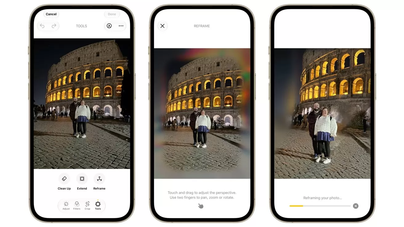 Three smartphone screens show a photo editing app adjusting a nighttime photo of a person standing before a brightly lit ancient colosseum, with tools and progress bar displayed.