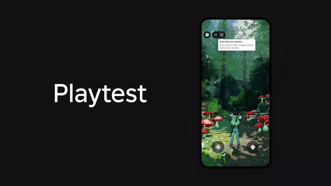Smartphone screen showing a colorful forest adventure game with character and mushrooms, displayed on dark background beside large text reading Playtest