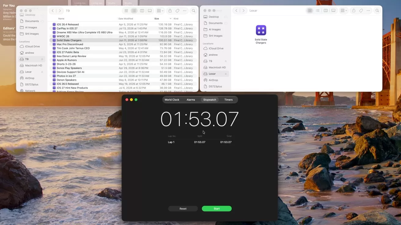 Mac desktop with ocean sunset wallpaper, two Finder windows showing files and a folder, and a dark stopwatch app centered on screen counting upward around one minute fifty-three seconds