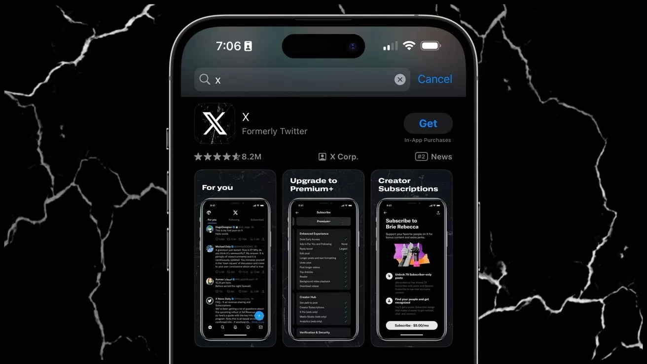 Close-up of an iPhone displaying the X formerly Twitter App Store page with dark-themed preview screens, set against a black background with white lightning-like cracks