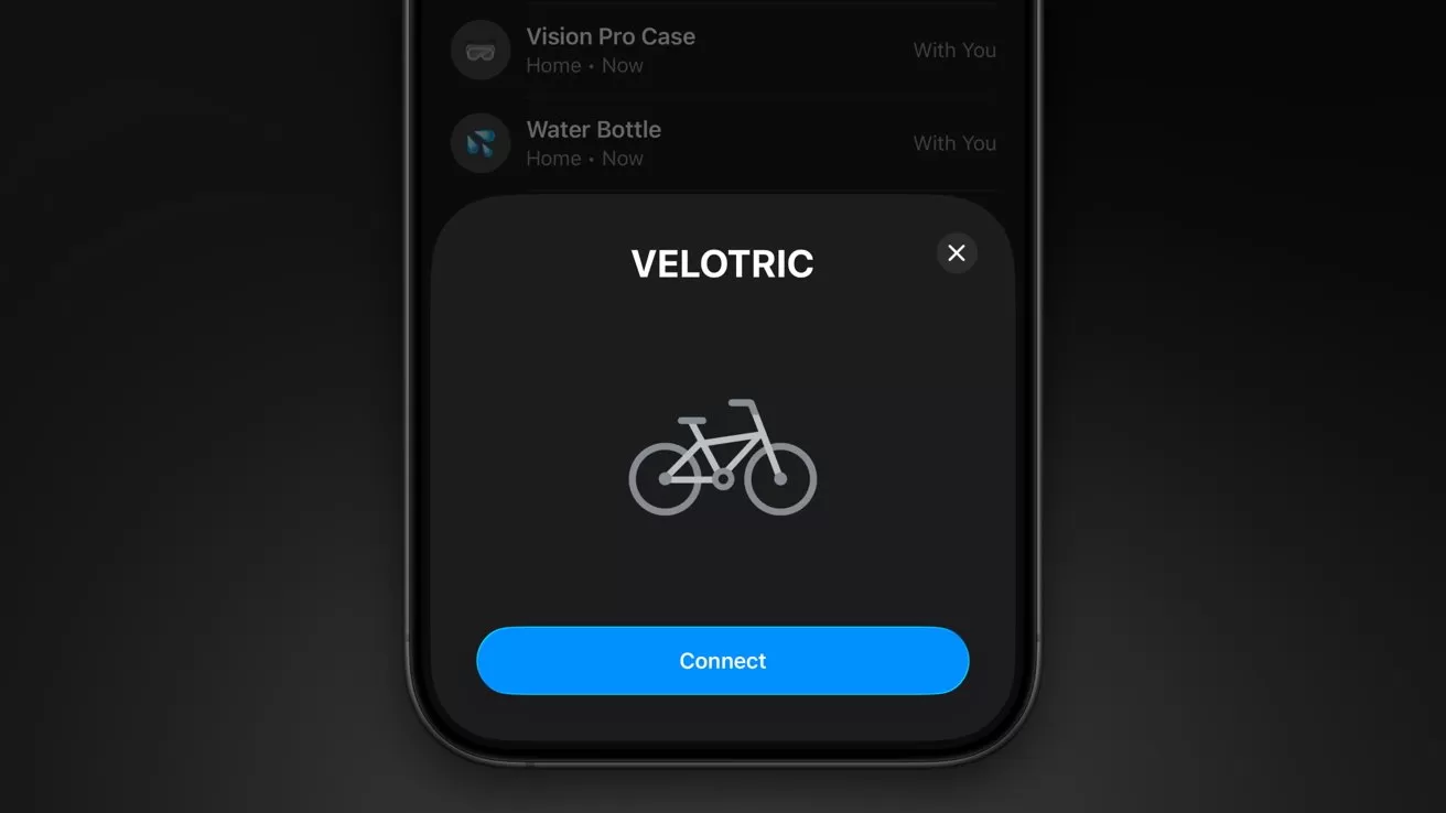 Smartphone screen showing Velotric bike pairing prompt, with bicycle icon centered on dark background and large blue Connect button at the bottom.