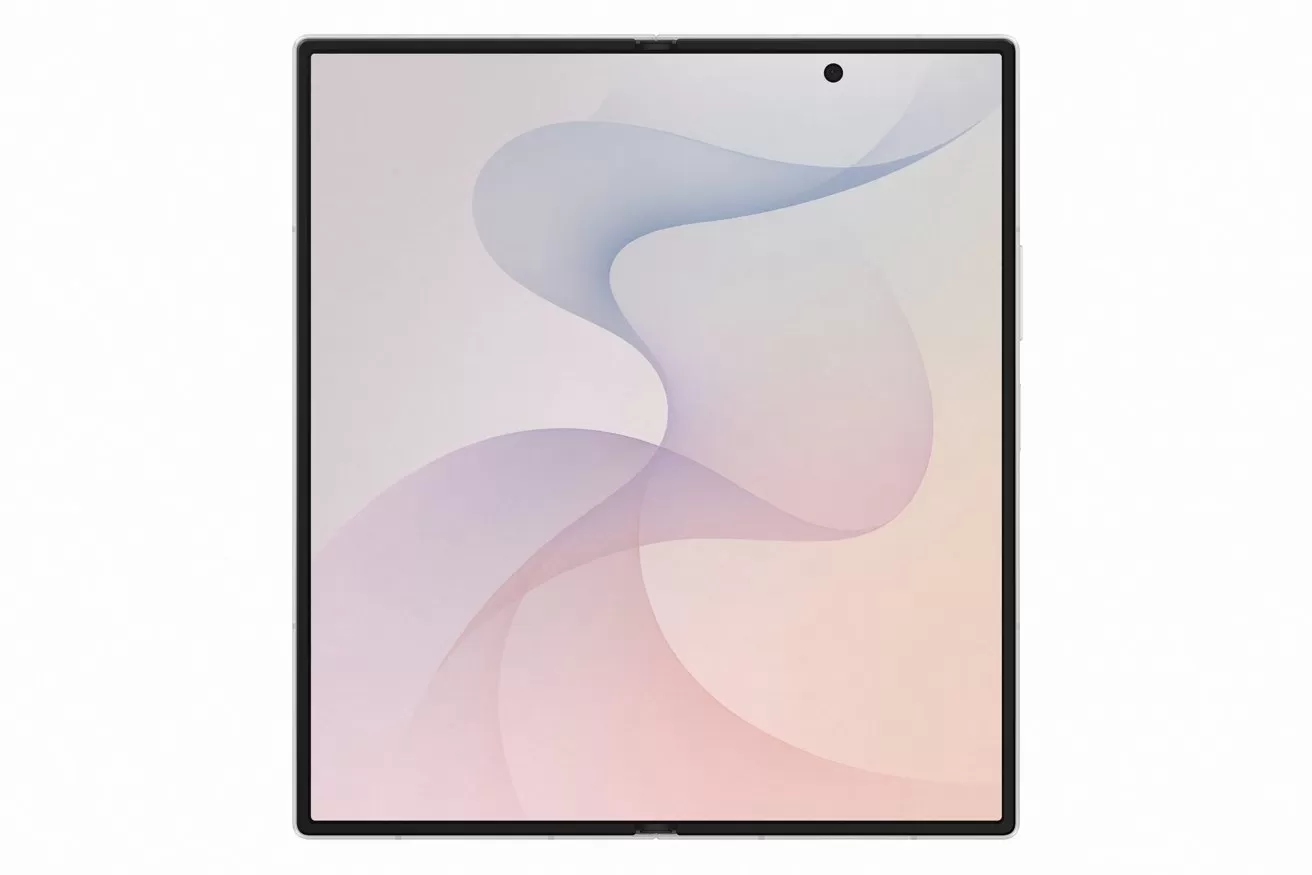 Square tablet or smartphone screen with very thin black bezel, centered front camera hole at top, and soft pastel abstract wallpaper in pink, blue, and white tones