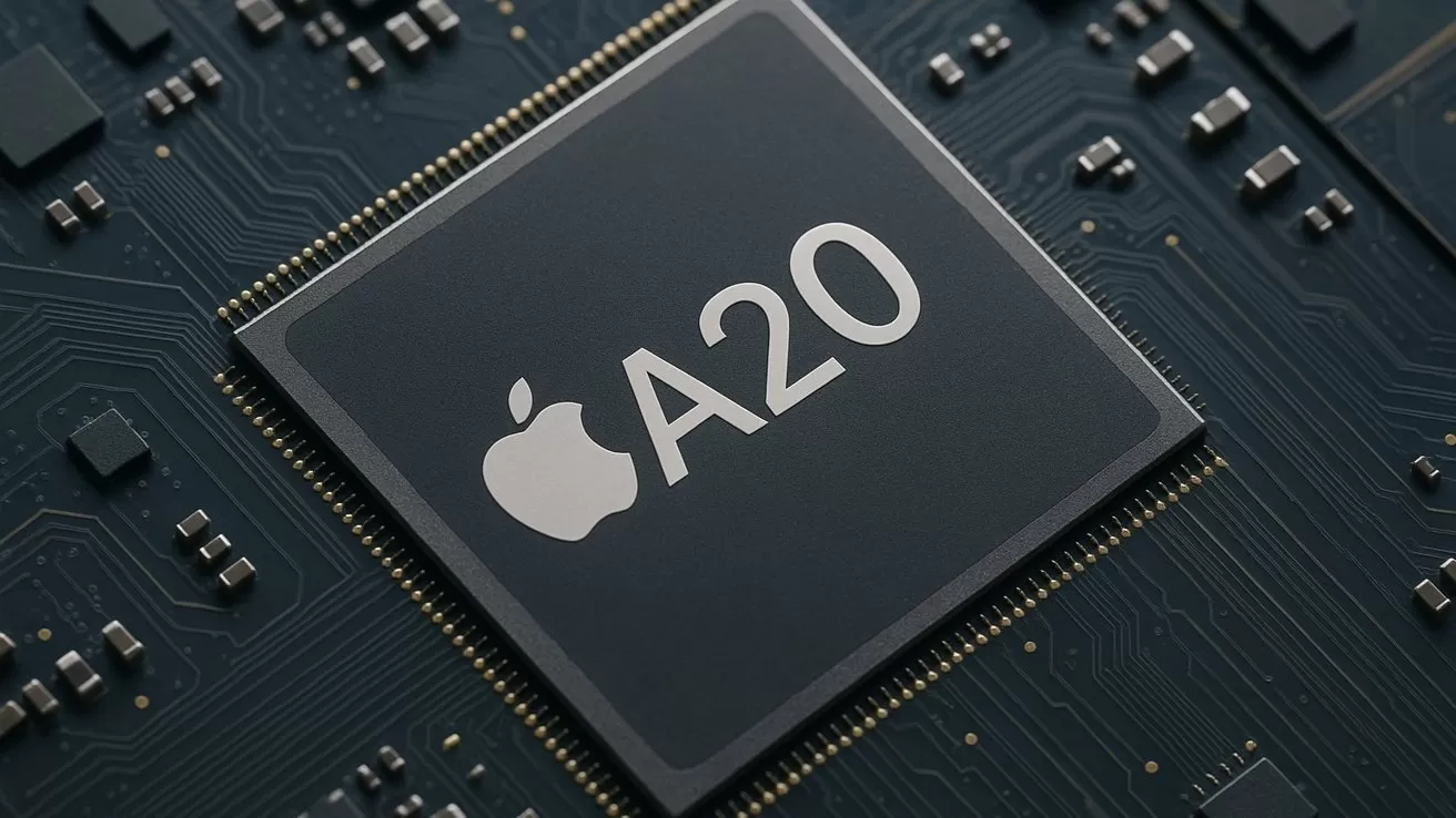 Close-up of an Apple A20 processor chip mounted on a dark circuit board, showing fine electronic traces and connectors around the metallic-edged central chip