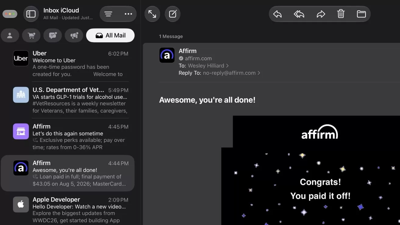 Dark-mode email app on a Mac showing inbox list at left and an open Affirm message on the right with celebratory text saying Congrats, you paid it off over a starry background