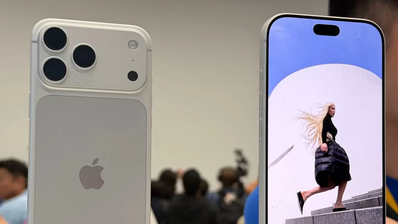 Two modern iPhones displayed: one showing the back with triple cameras, the other showing the front screen with a photo of a woman walking up steps against a bright sky