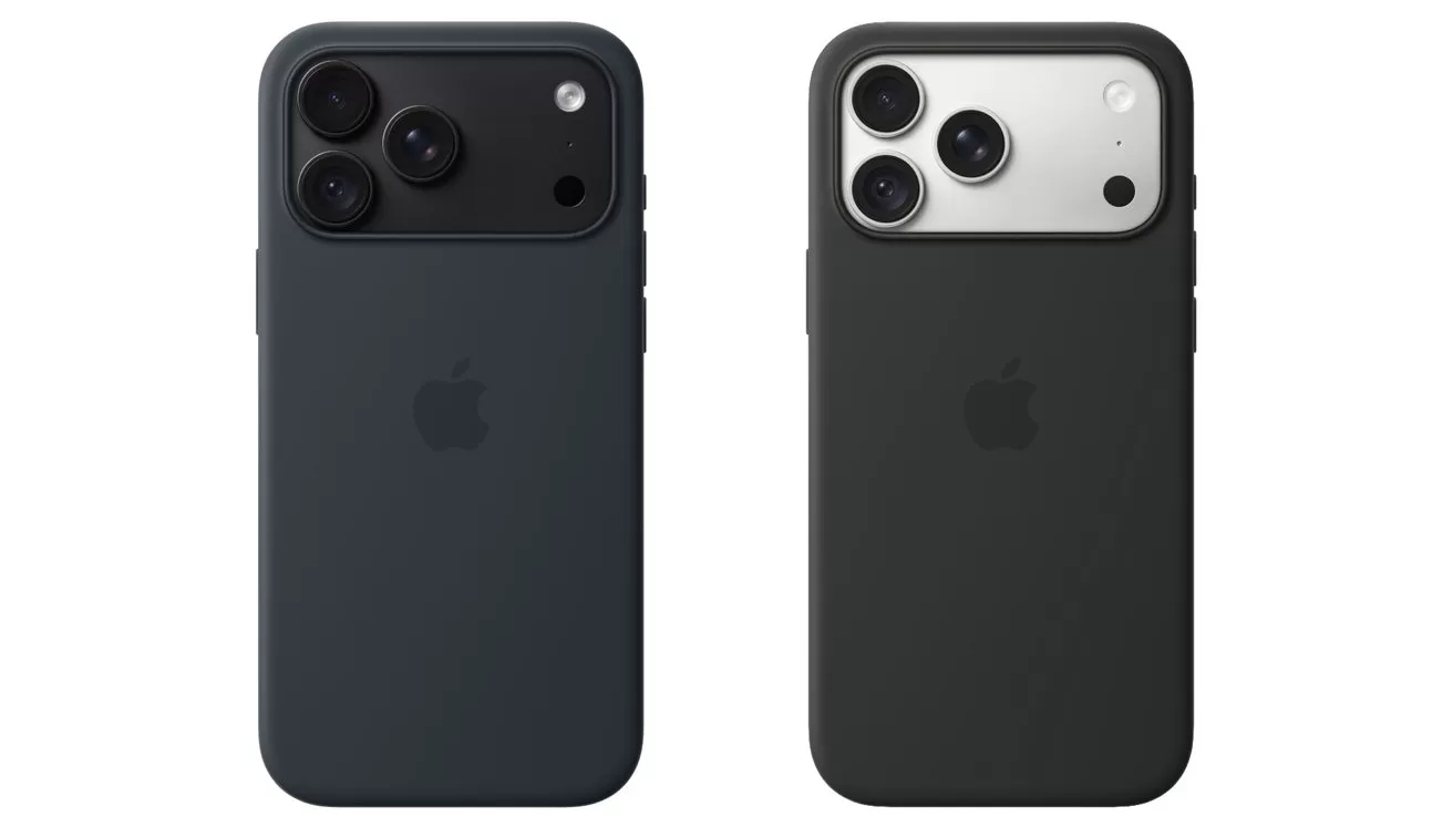 Two iPhones in dark cases shown from the back, each with three rear camera lenses; left phone has dark camera panel, right phone has silver camera panel above black case