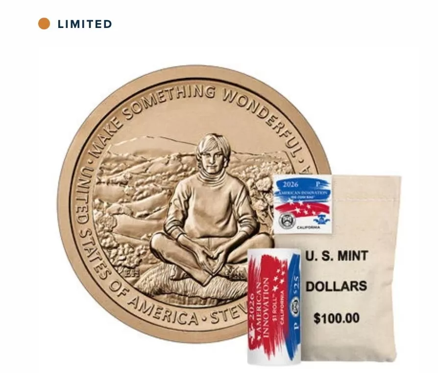 Bronze commemorative coin showing seated person in nature beside a small cloth U.S. Mint dollars bag marked 100 dollars and colorful coin roll packaging with American flag design