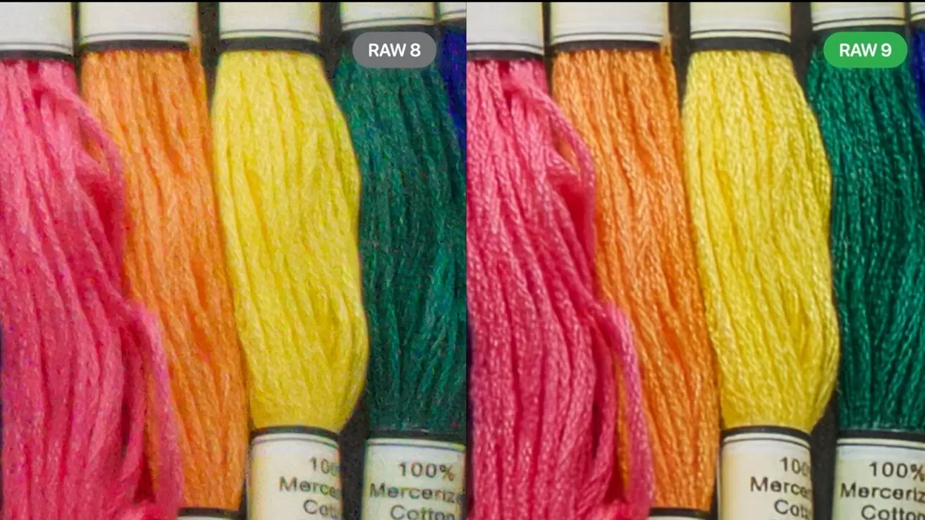 Close-up of colorful embroidery floss skeins in pink, orange, green, yellow, and peach, shown side by side with slight color and sharpness differences labeled RAW 8 and RAW 0