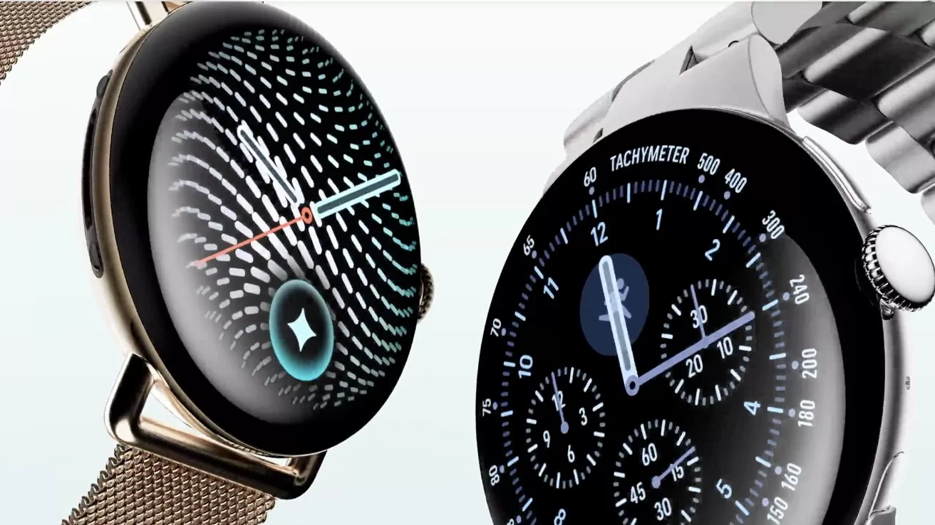 Two modern wristwatches side by side, one with a digital abstract patterned face and mesh band, the other a classic analog chronograph with multiple dials and metal link bracelet