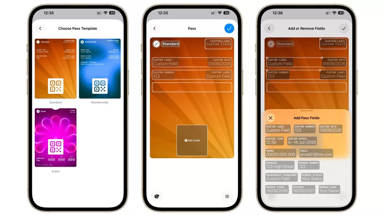 Three smartphone screens show a digital wallet app interface, selecting a pass template, customizing a bright orange payment card design, and adding or removing labeled information fields.