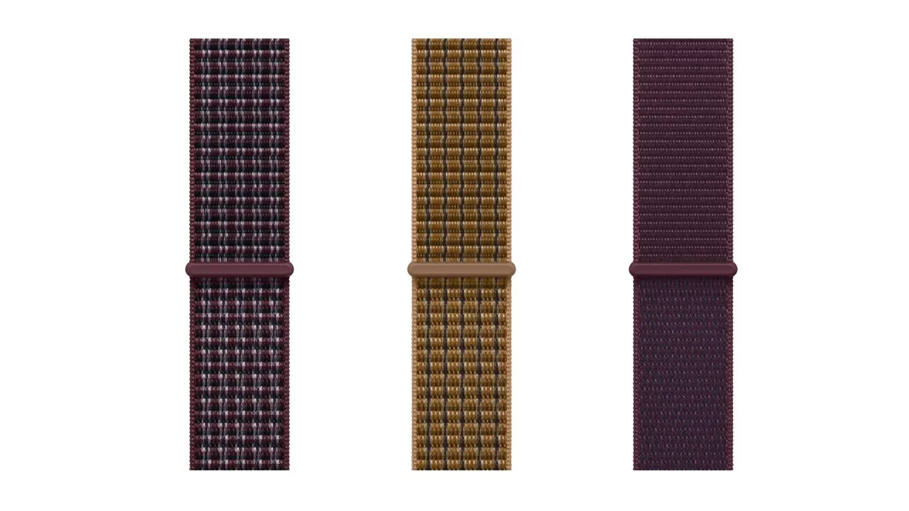 Three vertically aligned woven watch bands in dark colors: left purple and white checkered, center mustard yellow checkered, right solid dark maroon, each with a matching horizontal clasp in the middle